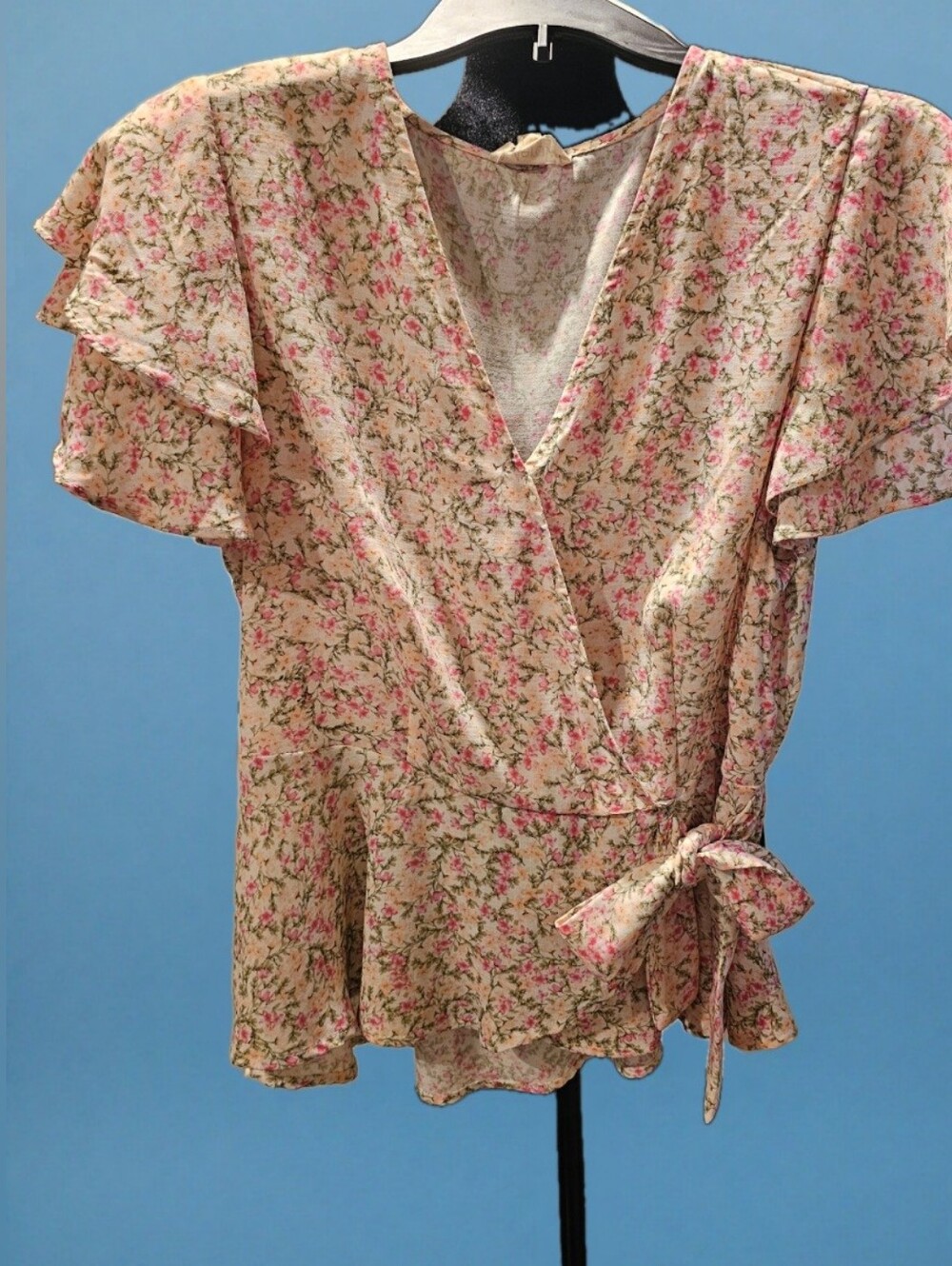 Pink Floral Wrap Top with Ruffle Sleeves